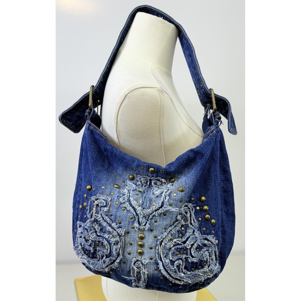 Denim Shoulder Bag Y2k Distressed Brass Studs Frayed Slouchy Grunge SPOT